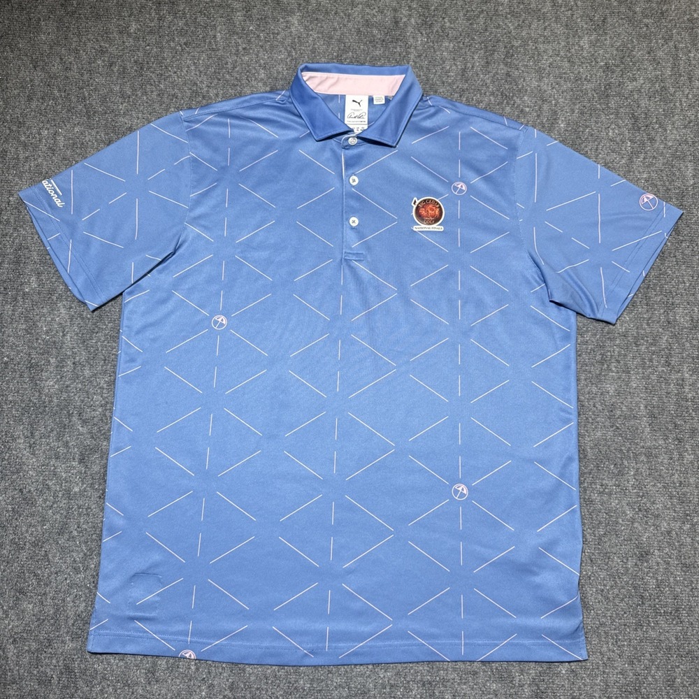 Puma x Arnold Palmer Geo Polo Shirt Mens Sz L Blue Golf Big Cedar National Final
